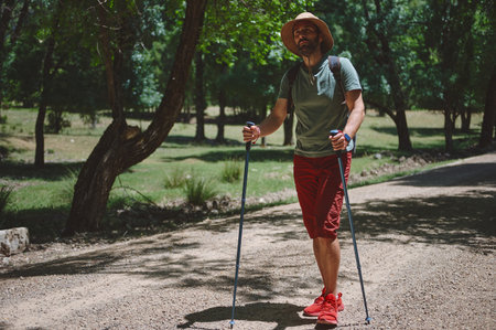 Bearded man hiking on a sunny day using walking sticks in a park. The scene encapsulates adventure, nature, and leisure, ideal for outdoor and travel themes.の写真素材