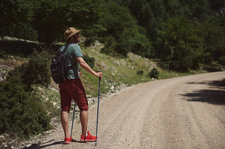 A hiker enjoys a sunny day on a forest trail, showcasing the beauty of nature and outdoor activities. Featuring adventure, exploration, and connection with the environment.の写真素材