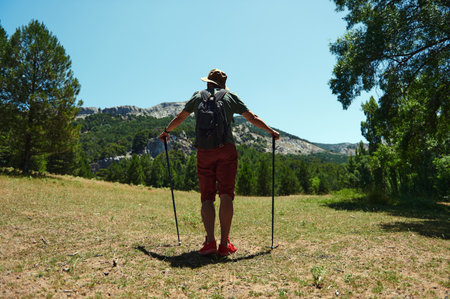 A hiker stands amid nature with sturdy hiking poles, appreciating scenic wooded mountains and clear skies. The image evokes exploration, peace, and a connection to the outdoors.の写真素材