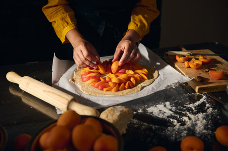 A woman arranges fresh apricots on rustic pastry dough, creating a homemade tart. The scene...