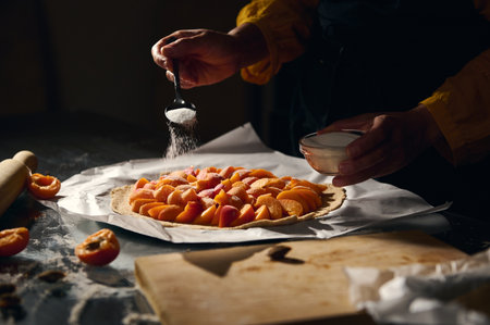 A close-up of hands sprinkling sugar onto a freshly made apricot tart with a rustic kitchen feel,...
