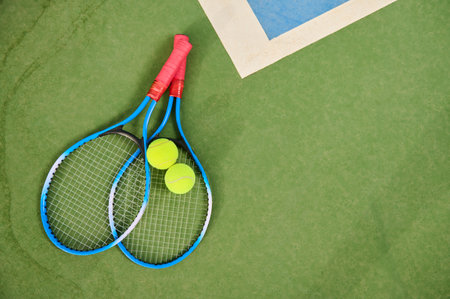 Two blue-handled tennis rackets with red grips and yellow tennis balls lie on a green court near the...