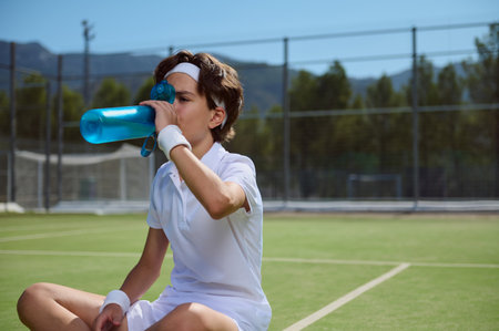 A young tennis player sitting on a tennis court taking a break and drinking water to rehydrate under the sun, showcasing sportsmanship, fitness, and a healthy lifestyle in an outdoor setting.の写真素材