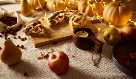 Rustic autumn scene with lattice pies, pumpkins, apples, pears, and warm string lights. A cozy...
