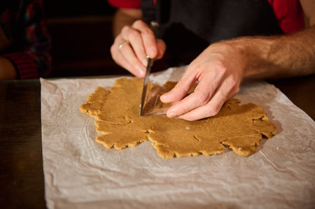 Close-up of hands slicing rolled cookie dough on parchment paper, in a warm home kitchen. Baking,...