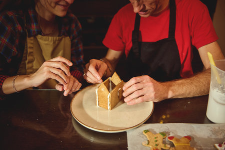 Two people in aprons decorate gingerbread houses on a plate, sharing a warm baking moment at home....