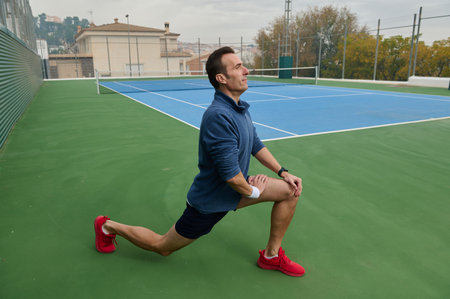 Focused male athlete in a blue pullover performs a lunge stretch on a green tennis court,...