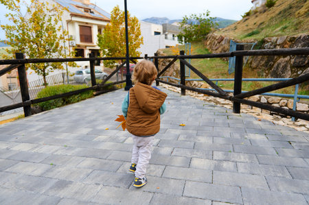 A toddler in a brown puffer vest walks along a gray paved walkway in a park during fall. Leaves on the ground, wooden fence, hillside and trees in autumn colors.の写真素材