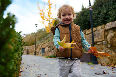 A joyful toddler in a brown vest holds colorful autumn leaves while running along a park path, capturing carefree childhood and the warmth of fall outdoors.の写真素材