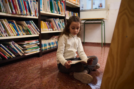 A young student sits on the library floor, absorbed in a book among colorful shelves, highlighting reading, study, and curiosity in a school setting.の写真素材