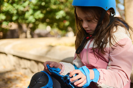 A young girl in a pink jacket and blue helmet tightens protective knee pads during outdoor activity...