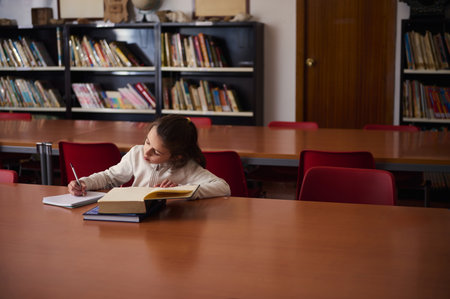 A young student sits at a library table, writing in a notebook with books open nearby. Calm study...