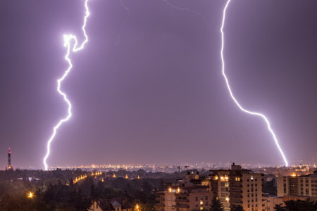 Double lightning near the Gaston GÃ©rard football stadium in the city of Dijon France.の写真素材