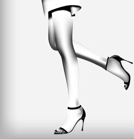 Beautiful female feet on a white background. The Black-and-white vector illustration. のイラスト素材