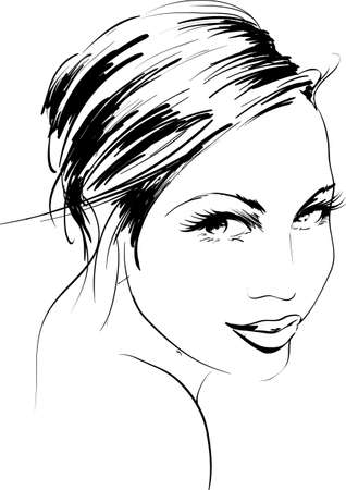 Hand-drawn fashion model. Vector illustration. Woman's faceのイラスト素材