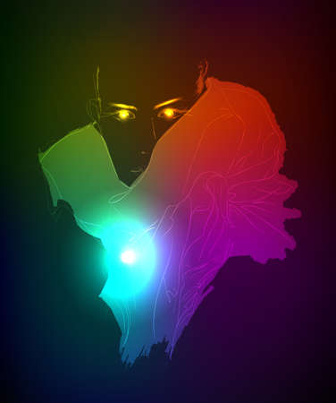 Hand-drawn fashion model from a neon. Vector illustration. A light girl's face.のイラスト素材