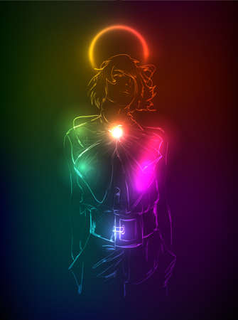 Hand-drawn fashion model from a neon. illustration. A light girl'sのイラスト素材