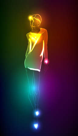 Hand-drawn fashion model from a neon. illustration. A light girl'sのイラスト素材