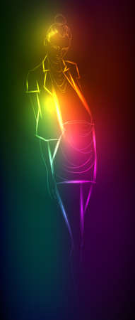 Hand-drawn fashion model from a neon. illustration. A light girl'sのイラスト素材