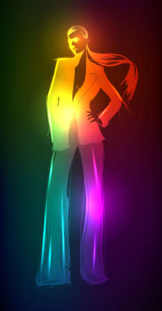 Hand-drawn fashion model from a neon. illustration. A light girl'sのイラスト素材