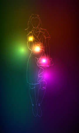 Hand-drawn fashion model from a neon. illustration. A light girl'sのイラスト素材