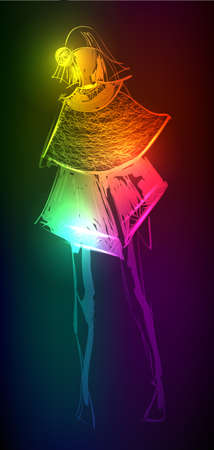 Hand-drawn fashion model from a neon. illustration. A light girl'sのイラスト素材