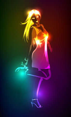 Hand-drawn fashion model from a neon. illustration. A light girl'sのイラスト素材