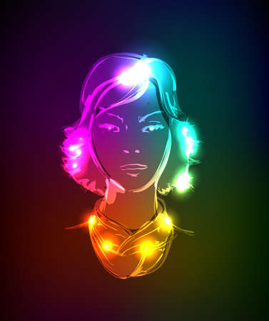Hand-drawn fashion model from a neon. illustration. A light girl's face.のイラスト素材