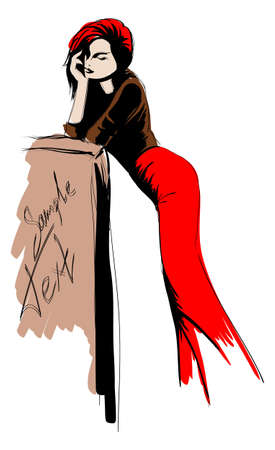 SKETCH. fashion girl. Hand-drawn fashion model. Vector illustration.のイラスト素材