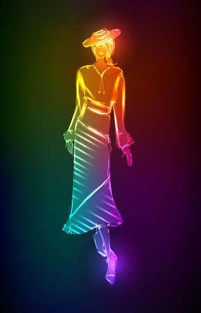 Hand-drawn fashion model from a neon. illustration. A light girl'sのイラスト素材
