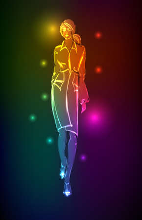 Hand-drawn fashion model from a neon. illustration. A light girl'sのイラスト素材