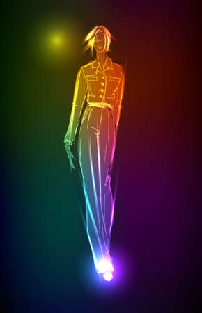 Hand-drawn fashion model from a neon. illustration. A light girl'sのイラスト素材
