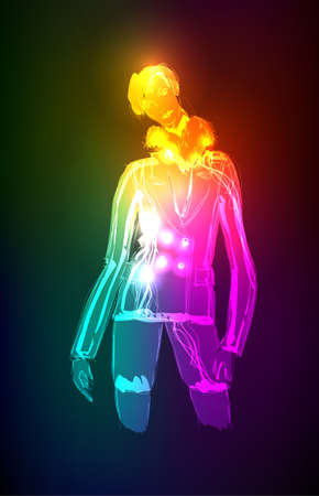 Hand-drawn fashion model from a neon. illustration. A light girl'sのイラスト素材