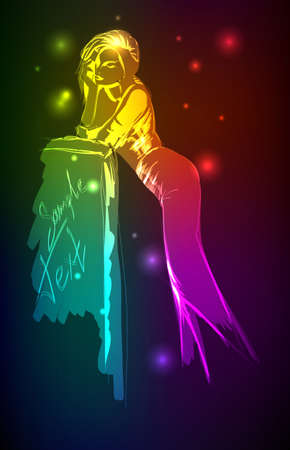Hand-drawn fashion model from a neon. illustration. A light girl'sのイラスト素材