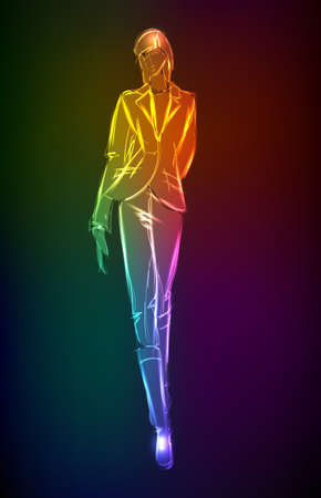 Hand-drawn fashion model from a neon. illustration. A light girl'sのイラスト素材