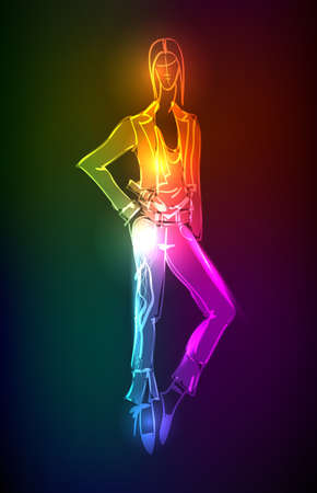 Hand-drawn fashion model from a neon. illustration. A light girl'sのイラスト素材