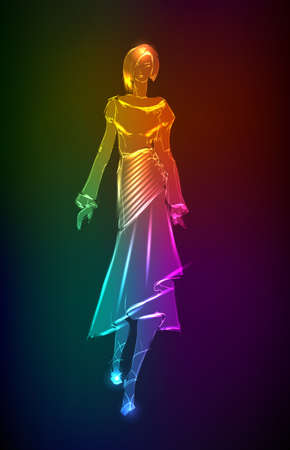 Hand-drawn fashion model from a neon. illustration. A light girl'sのイラスト素材