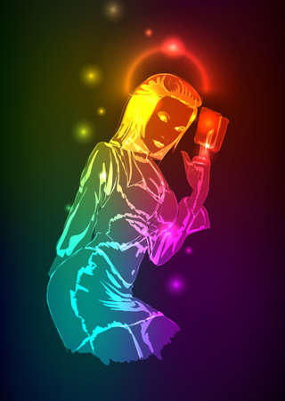 Hand-drawn fashion model from a neon. illustration. A light girl'sのイラスト素材