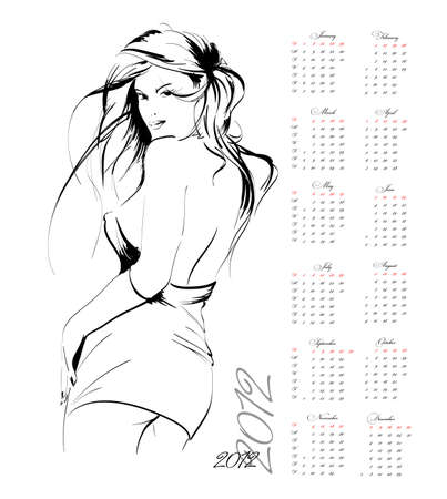 Calendar 2012 in style of a fashion-sketch. The girl.のイラスト素材