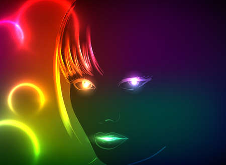 Hand-drawn fashion model from a neon. A light girl's face.のイラスト素材