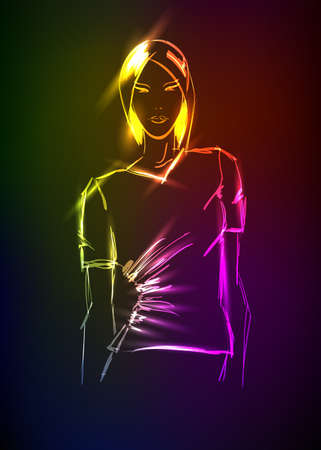 Hand-drawn fashion model from a neon. A light girl'sのイラスト素材