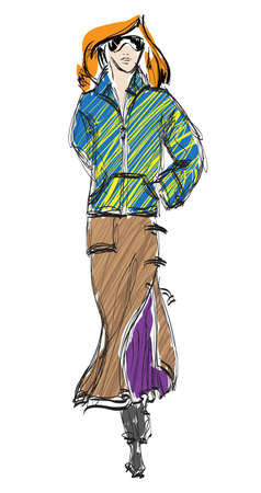 SKETCH. fashion girl. Hand-drawn fashion modelのイラスト素材