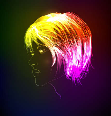 Hand-drawn fashion model from a neon  A light girl s face のイラスト素材