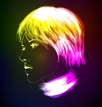Hand-drawn fashion model from a neon  A light girl s face のイラスト素材