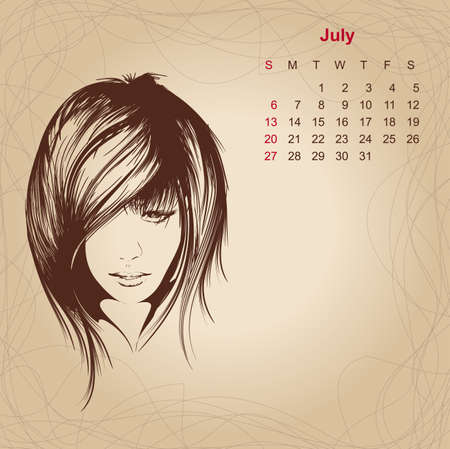 Artistic vintage calendar for July 2014. "Woman beauty" seriesのイラスト素材