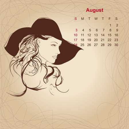Artistic vintage calendar for August 2014. "Woman beauty" series.のイラスト素材