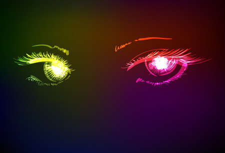Vector illustration. Women's eyes. Neon sketch.のイラスト素材