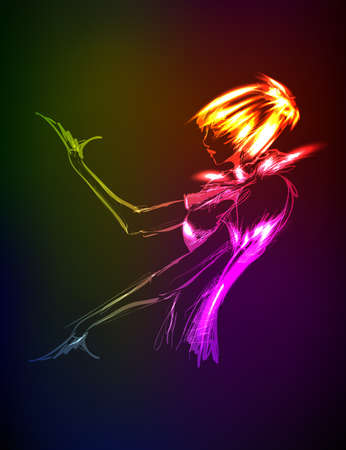 Hand-drawn fashion model from a neon. A light girl'sのイラスト素材