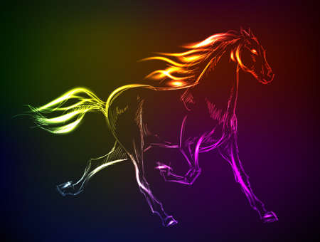 Horses. Hand-drawn neon illustrationのイラスト素材