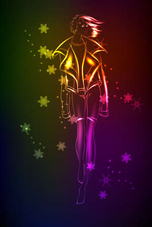 Hand-drawn fashion model from a neon. A light girl'sのイラスト素材
